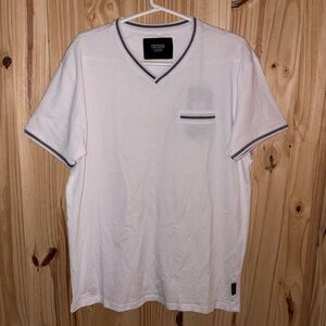 Dexter Men's White V-Neck Tee with Black Accents